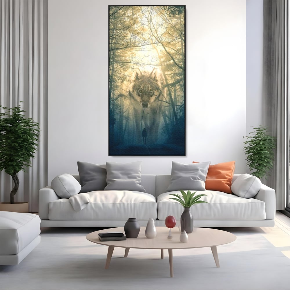 Tablou canvas cu ilustratie digitala cu un lup gigant si o silueta umana, in rama de aluminiu negru, pe perete intr-un living